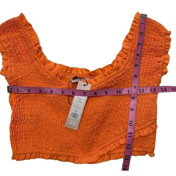 BCBGeneration Crop Top Women's SMALL Orange Smocked Off-The-Shoulder Stretch NEW - Picture 4 of 12